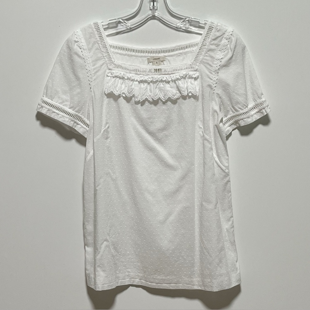 J. Crew Classic White Cotton Swiss Dots & Ruffles Cap Sleeve Square-neck blouse